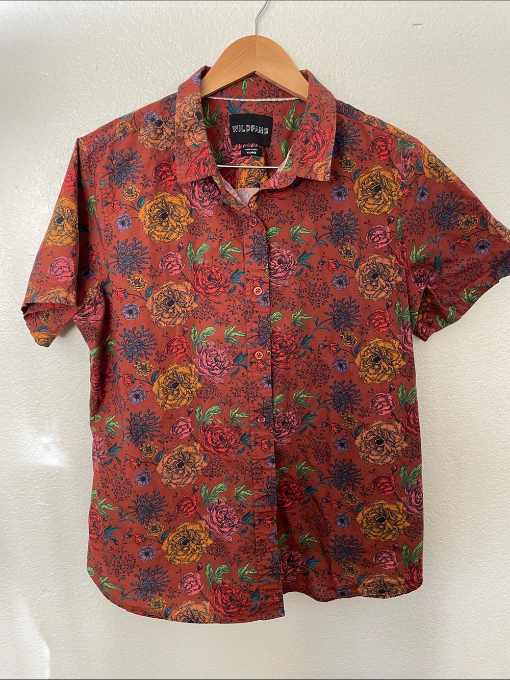 Wildfang Rust Floral Short Sleeve Button down Multicolor Blooms XL 100% cotton